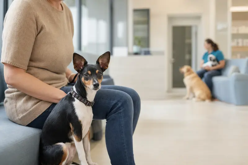Ein American Toy Terrier Hund sitzt entspannt neben seinem Besitzer in einem modernen Wartezimmer der Tierarztpraxis.
